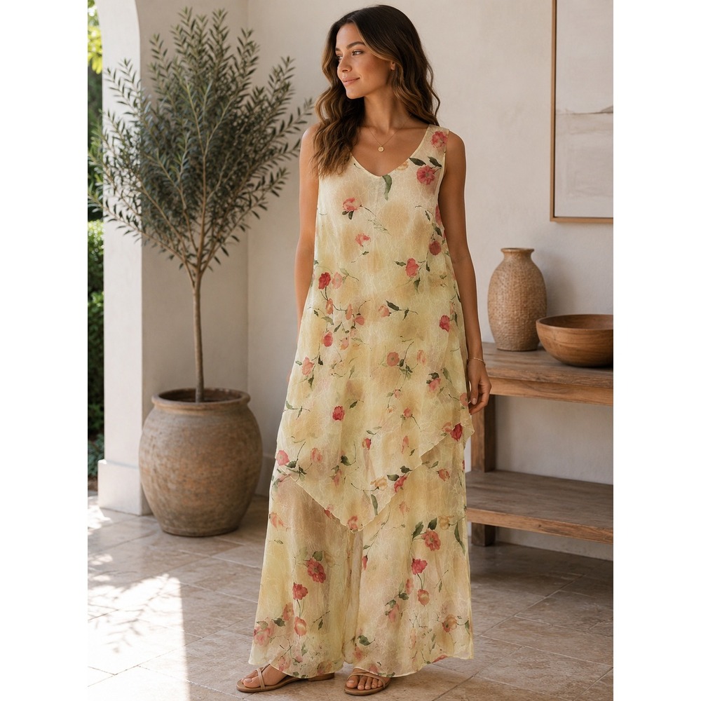 Gabrielle Sheer Floral Layered Handkerchief Maxi Cream Sleeveless NWT Dress‎